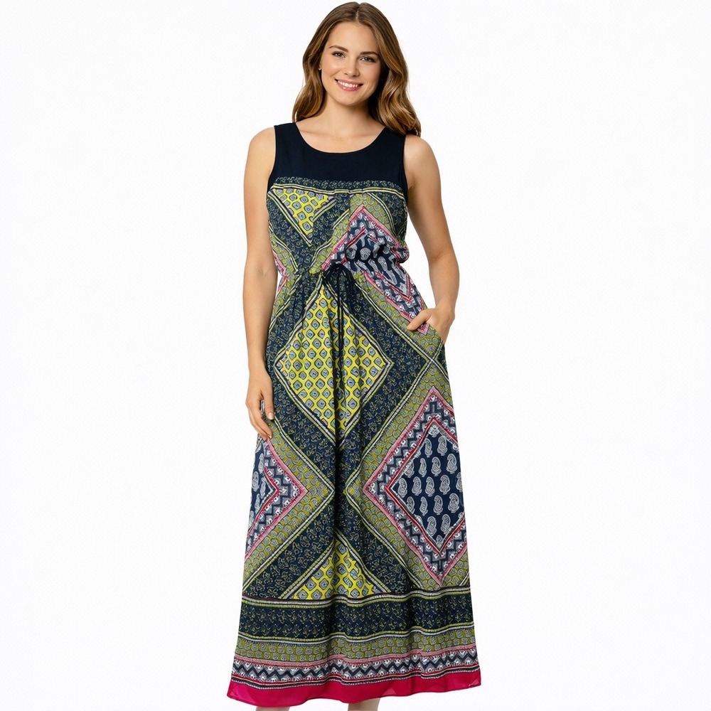 Sleeveless‎ Maxi Dress Women Sz. 10 Multicolor Paisley Geometric Patchwork Print